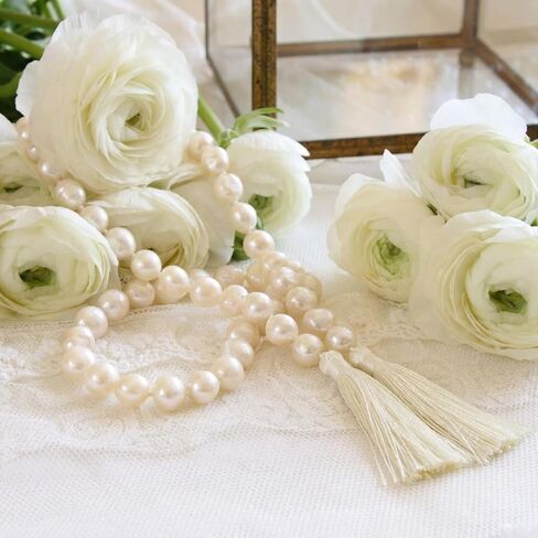 Quelay 58 Inch Pearl Glass Bead Garland 16mm with Tassels Elegant Boho Wedding Table Decor Prayer Healing Bead Fringe Wall Shelf Hanging for Wedding Party Farmhouse Rustic Home Decoration in Saudi Arabia