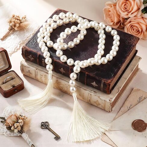 Quelay 58 Inch Pearl Glass Bead Garland 16mm with Tassels Elegant Boho Wedding Table Decor Prayer Healing Bead Fringe Wall Shelf Hanging for Wedding Party Farmhouse Rustic Home Decoration in Saudi Arabia