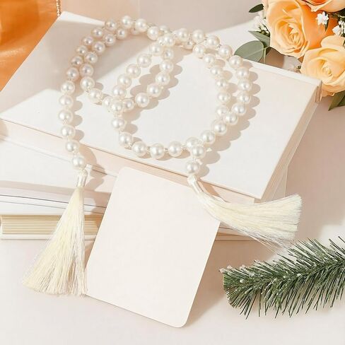 Quelay 58 Inch Pearl Glass Bead Garland 16mm with Tassels Elegant Boho Wedding Table Decor Prayer Healing Bead Fringe Wall Shelf Hanging for Wedding Party Farmhouse Rustic Home Decoration in Saudi Arabia