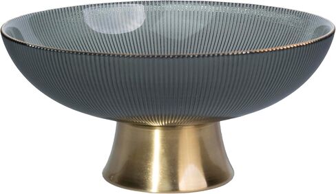 Round Glass Decorative Bowl, 9.8 Inches Handblown Gray Ripple Fruit Bowl with Gold Trim and Rust-Resistant Metal Base for Home Decor, Table Centerpiece, Kitchen Island and Dining Decor in Saudi Arabia