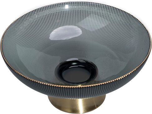 Round Glass Decorative Bowl, 9.8 Inches Handblown Gray Ripple Fruit Bowl with Gold Trim and Rust-Resistant Metal Base for Home Decor, Table Centerpiece, Kitchen Island and Dining Decor in Saudi Arabia