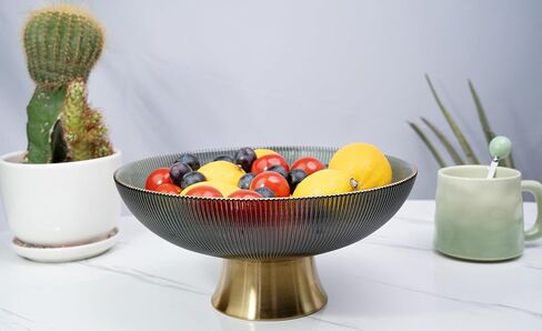 Round Glass Decorative Bowl, 9.8 Inches Handblown Gray Ripple Fruit Bowl with Gold Trim and Rust-Resistant Metal Base for Home Decor, Table Centerpiece, Kitchen Island and Dining Decor in Saudi Arabia