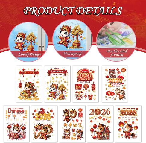 Happy Chinese New Year Window Clings for Glass Windows, 9 Sheets Horse Lunar New Year 2026 Window Decorations, Spring Festival Windows Decals Stickers for Office Home (Double-Sided) in Saudi Arabia
