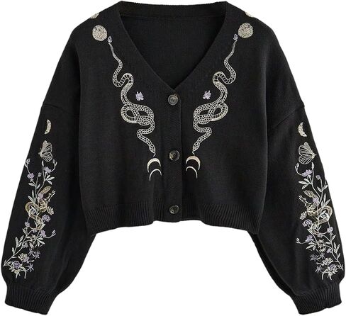 Women's Embroidery Sweater Gothic Boho Floral Long Sleeve V Neck Button Down Knitwear Spring Cardigan in Saudi Arabia