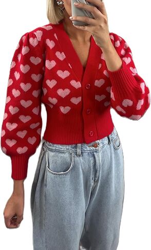 Women Valentine's Day Cardigan Sweater Love Heart Print Button Down Knit Sweater Cute Knitwear Top in Saudi Arabia