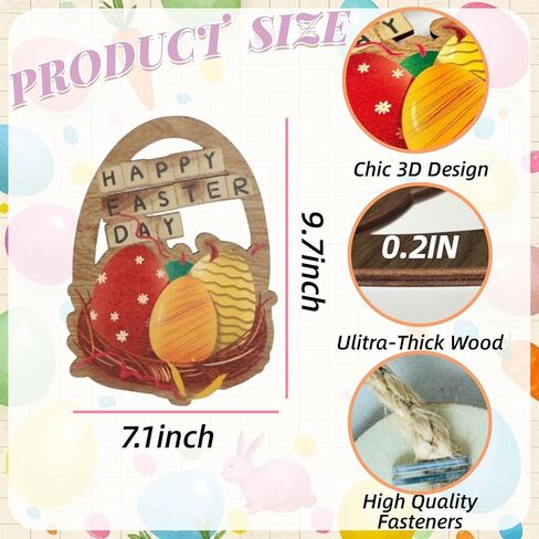 Wooden Easter Door Decorations, Colorful Eggs Bunny Easter Door Sign with Rope, Door Decorations Hanging, Wall Decor for Spring Holiday Front Door Window Wall Indoor Outdoor (Egg) in Saudi Arabia