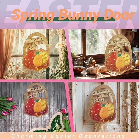 Wooden Easter Door Decorations, Colorful Eggs Bunny Easter Door Sign with Rope, Door Decorations Hanging, Wall Decor for Spring Holiday Front Door Window Wall Indoor Outdoor (Egg) in Saudi Arabia