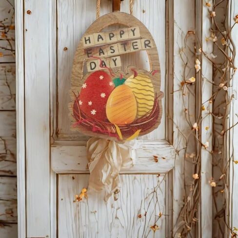 Wooden Easter Door Decorations, Colorful Eggs Bunny Easter Door Sign with Rope, Door Decorations Hanging, Wall Decor for Spring Holiday Front Door Window Wall Indoor Outdoor (Egg) in Saudi Arabia