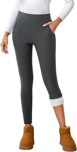 سراويل يوجا مبطنة بالصوف للنساء شتوية دافئة عالية الخصر سراويل يوجا للتحكم في البطن سراويل حرارية مع جيوب in Kuwait