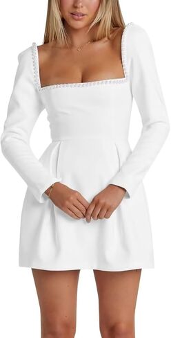 Short White Long Sleeve Satin Courthouse Wedding Dress for Bride Mini Bridal Shower Dresses for Women A Line Square Neck Wedding Reception Dress US12 in Saudi Arabia