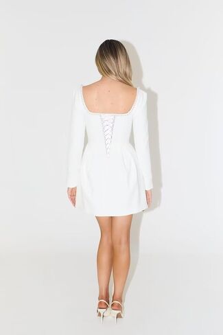 Short White Long Sleeve Satin Courthouse Wedding Dress for Bride Mini Bridal Shower Dresses for Women A Line Square Neck Wedding Reception Dress US12 in Saudi Arabia