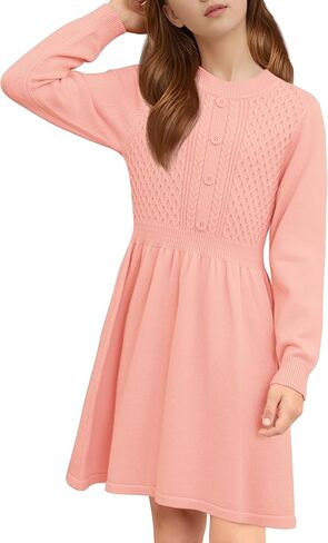 Cubear Girls Dresses Long Sleeve Knitted Button Front A-line Casual Fall Winter Dresses for Girls Thanksgiving Christmas in Saudi Arabia