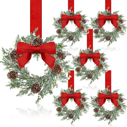 Dingion 6 Pcs 6" Christmas Mini Cabinet Wreaths for Kitchen with Ribbon Bows Red Berry Small Window Wreath for Window Door Farmhouse Christmas Party Decorations (Stylish Style) in Saudi Arabia