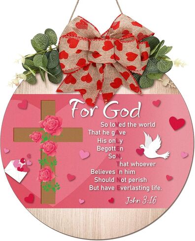 Christian Valentine's Door Sign Religious for God Love John 3:16 Pink Valentines Day Decorations Rustic Bible Verse Wooden Bow Hanging Plaque Wreaths for Wall Yard Lawn Porch Decor in Saudi Arabia