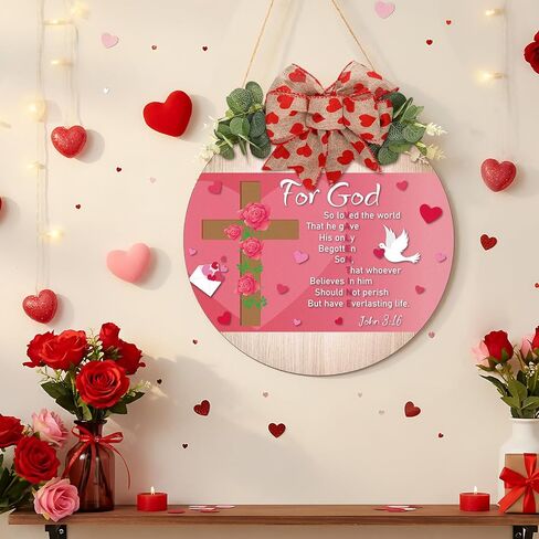 Christian Valentine's Door Sign Religious for God Love John 3:16 Pink Valentines Day Decorations Rustic Bible Verse Wooden Bow Hanging Plaque Wreaths for Wall Yard Lawn Porch Decor in Saudi Arabia