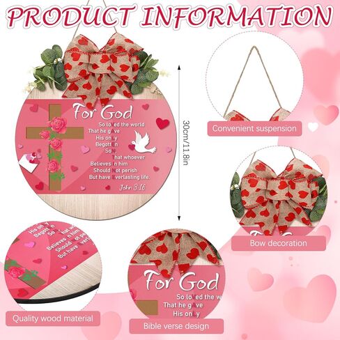 Christian Valentine's Door Sign Religious for God Love John 3:16 Pink Valentines Day Decorations Rustic Bible Verse Wooden Bow Hanging Plaque Wreaths for Wall Yard Lawn Porch Decor in Saudi Arabia