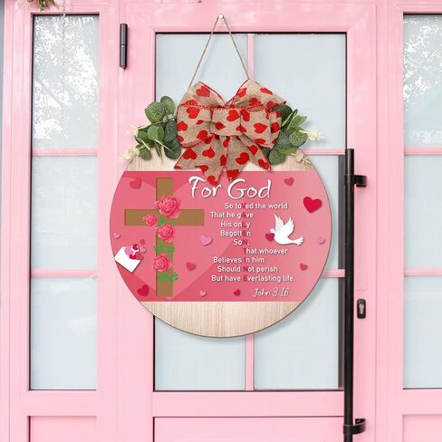 Christian Valentine's Door Sign Religious for God Love John 3:16 Pink Valentines Day Decorations Rustic Bible Verse Wooden Bow Hanging Plaque Wreaths for Wall Yard Lawn Porch Decor in Saudi Arabia
