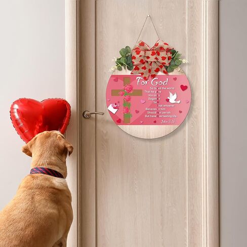 Christian Valentine's Door Sign Religious for God Love John 3:16 Pink Valentines Day Decorations Rustic Bible Verse Wooden Bow Hanging Plaque Wreaths for Wall Yard Lawn Porch Decor in Saudi Arabia