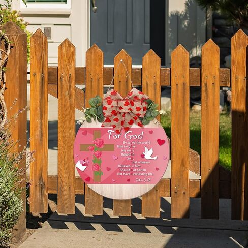 Christian Valentine's Door Sign Religious for God Love John 3:16 Pink Valentines Day Decorations Rustic Bible Verse Wooden Bow Hanging Plaque Wreaths for Wall Yard Lawn Porch Decor in Saudi Arabia