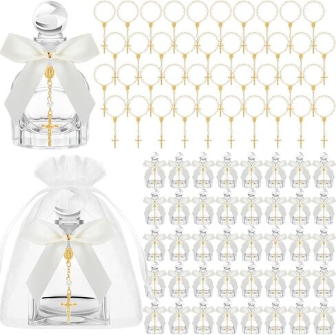 Chuangdi 24 Sets Holy Catholic Water Bottles Bulk Baptism Favors for Guests Catholic Christian Glass Bottles with Gold Cross Bracelet Organza Bags, White Ribbon Holy for Church Wedding Baptism Gift in Kuwait