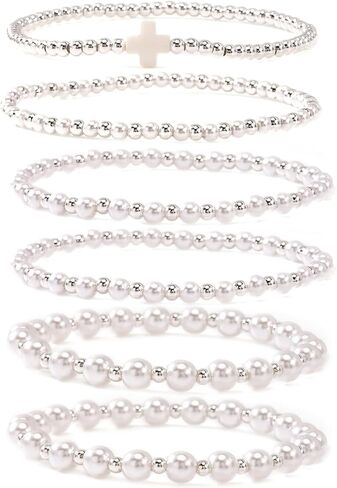 Silver Gold Beaded Bracelets for Women Stackable 14K Gold Plated Beads Ball Cross Bracelet Stack Non Tarnish Elastic Stretch Trendy Jewelry Christian Friendship Christmas Gifts for Women in Saudi Arabia