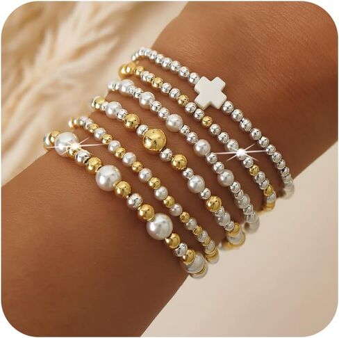 Silver Gold Beaded Bracelets for Women Stackable 14K Gold Plated Beads Ball Cross Bracelet Stack Non Tarnish Elastic Stretch Trendy Jewelry Christian Friendship Christmas Gifts for Women in Saudi Arabia