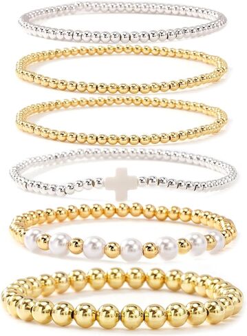 Silver Gold Beaded Bracelets for Women Stackable 14K Gold Plated Beads Ball Cross Bracelet Stack Non Tarnish Elastic Stretch Trendy Jewelry Christian Friendship Christmas Gifts for Women in Saudi Arabia