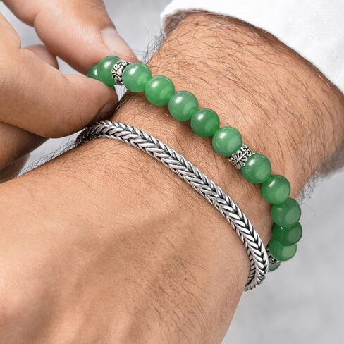 VY JEWELRY سوار أفينتورين بقطر 8 مم أحجار خضراء فاتحة مع خرز من الفضة الإسترليني 925 للرجال والنساء in Kuwait