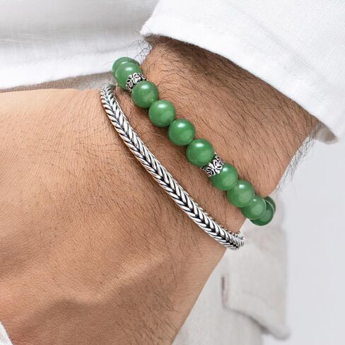 VY JEWELRY سوار أفينتورين بقطر 8 مم أحجار خضراء فاتحة مع خرز من الفضة الإسترليني 925 للرجال والنساء in Kuwait