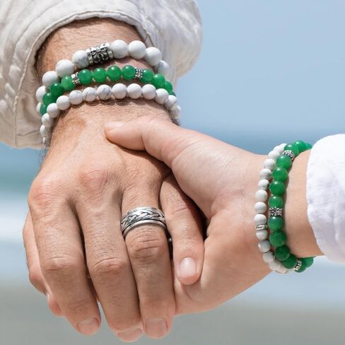 VY JEWELRY سوار أفينتورين بقطر 8 مم أحجار خضراء فاتحة مع خرز من الفضة الإسترليني 925 للرجال والنساء in Kuwait