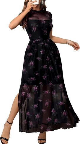 GothDark Women's Mesh Dress Short Sleeve Round Collar Floral Print Waist-Cinched Maxi Fall Casual Dress in Kuwait