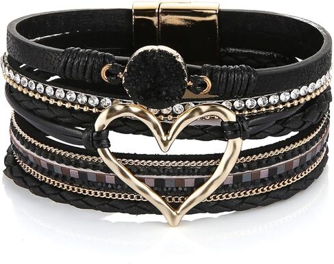 HZMAN Multilayer Heart Leather Wrap Bracelets for Women Stackable Boho Crystal Cuff Bangles Crystal in Saudi Arabia