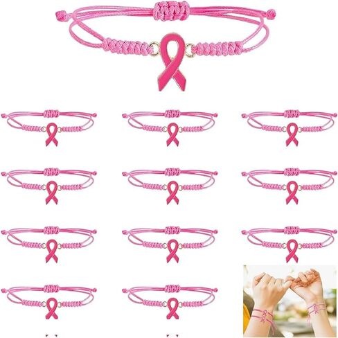 12 قطعة من أساور التوعية بسرطان الثدي، أساور مضفرة بشريط وردي قابل للتعديل مع بطاقة ملهمة لمقاتلة السرطان، هدايا ملهمة للثدي للنساء in Kuwait