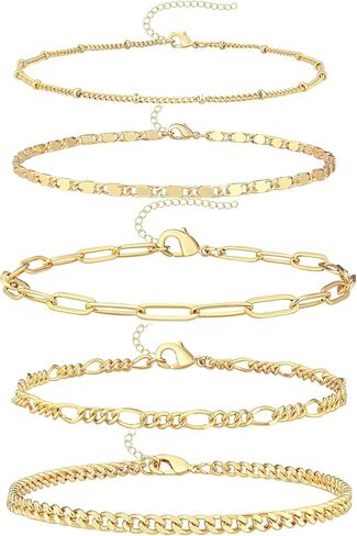 Ankle Bracelets for Women Waterproof Gold Jewelry Set Layered Cuban Figaro Link Chains Adjustable Size Gold Anklets Gift for Daily Wear in Saudi Arabia