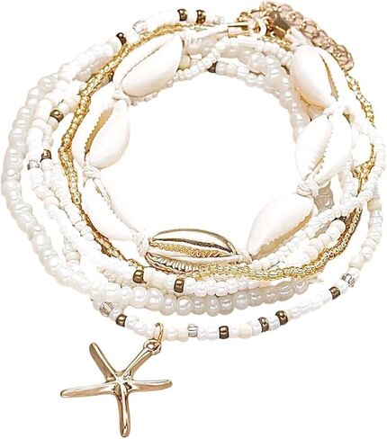 Boho Beach Anklets for woman Set, Sea shell and Starfish Charm, waterproof White Pearl Beaded, 6 Layer Ankle Brace adjustable, bracelet anklet, jewerly for woman in Saudi Arabia