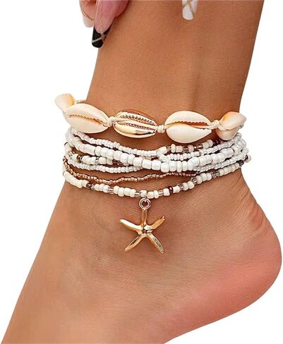 Boho Beach Anklets for woman Set, Sea shell and Starfish Charm, waterproof White Pearl Beaded, 6 Layer Ankle Brace adjustable, bracelet anklet, jewerly for woman in Saudi Arabia