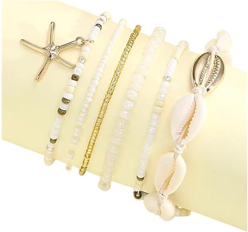 Boho Beach Anklets for woman Set, Sea shell and Starfish Charm, waterproof White Pearl Beaded, 6 Layer Ankle Brace adjustable, bracelet anklet, jewerly for woman in Saudi Arabia