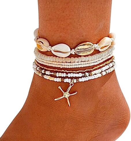 Boho Beach Anklets for woman Set, Sea shell and Starfish Charm, waterproof White Pearl Beaded, 6 Layer Ankle Brace adjustable, bracelet anklet, jewerly for woman in Saudi Arabia