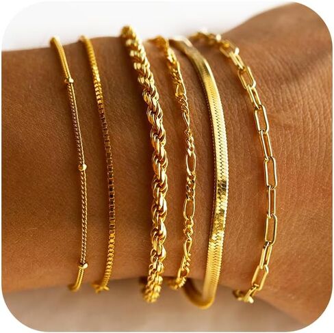 NECOCY Gold Bracelets for Women Waterproof, 14K Gold Plated Jewelry Sets Trendy Thin Dainty Stackable Cuban Link Paperclip Chain Bracelet Pack Fashion Accessories Gifts for Womens in Saudi Arabia
