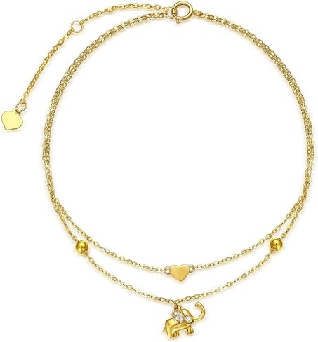 SISGEM Solid 14K Yellow Gold Lucky Elephant Anklet for Women, Real Gold Layered Heart Anklet Bracelet Fine Jewelry Anniversary Birthday Mother's Day Gifts for Her, Wife, Mom, 8''+2'' in Saudi Arabia