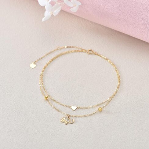 SISGEM Solid 14K Yellow Gold Lucky Elephant Anklet for Women, Real Gold Layered Heart Anklet Bracelet Fine Jewelry Anniversary Birthday Mother's Day Gifts for Her, Wife, Mom, 8''+2'' in Saudi Arabia