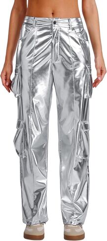 ODIZLI Womens Shiny Metallic High Waist Holographic Cargo Pants with Pockets Hip Hop Club Wear Streetwear in Saudi Arabia