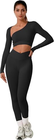 UONNOU مجموعات التدريب للنساء 2 قطعة سلس كم طويل المحاصيل الأعلى وارتفاع الخصر Scrunch بعقب رفع طماق ملابس اليوغا in Kuwait