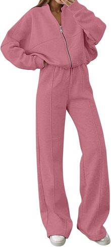 Two Piece Sweatsuit Sets For Women Wide Leg Jogging Set Zip Up Sweatshirt Wide Leg Pants Travel Casual Sweatsuits in Saudi Arabia