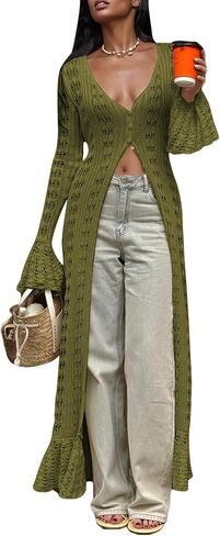 Unybwonn Long Cardigans for Women Crochet Hollow Out Knit Sweater Cover up Maxi Dress Long Sleeve Button Down Cardigan in Kuwait