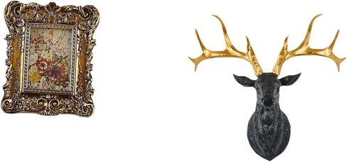 Fenteer Photo Frame Retro Table Picture Frame Vintage Ornate Wall Hanging Frame Resin Deer Head Statue Sculpture Suitable for Living Room Bedroom Study Dining in Saudi Arabia
