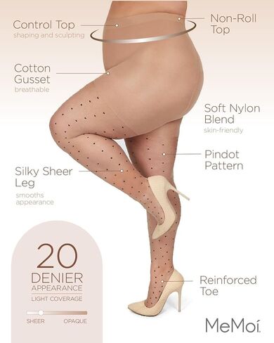 MeMoi Women's Pindot Sheer Curvy Control Top Tights Nude-Black 1X/2X in Saudi Arabia