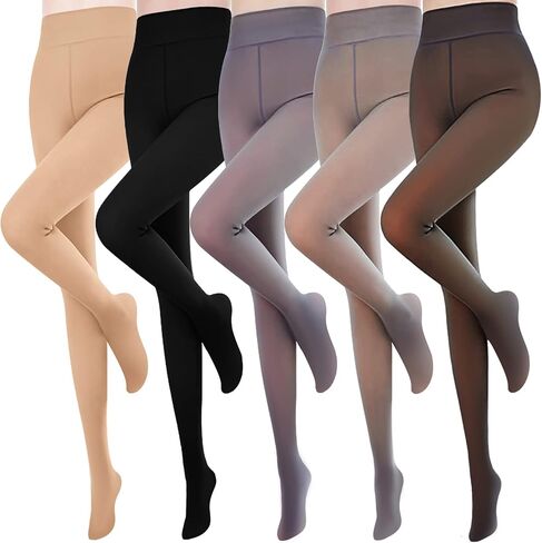 JaGely 5 Pairs Fleece Lined Tights Women Translucent Leggings Winter Thermal Sheer Tights for Girl, 5 Colors (Pantyhose, Medium-(40-70kg) 220g/Thick Fleece) in Saudi Arabia