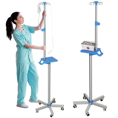 Rolling IV Pole with Tray - Stainless Steel 4 Hooks IV Stand with Wheels Height Adjustable for Clinic Home Care in Kuwait