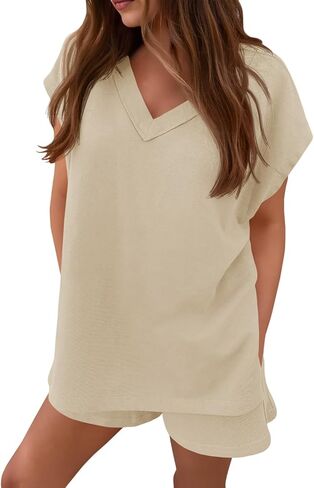 Fisoew Womens 2 Piece Lounge Sets Workout Matching Outfits V Neck Cap Sleeve Tops and Active Shorts Loungewear in Saudi Arabia